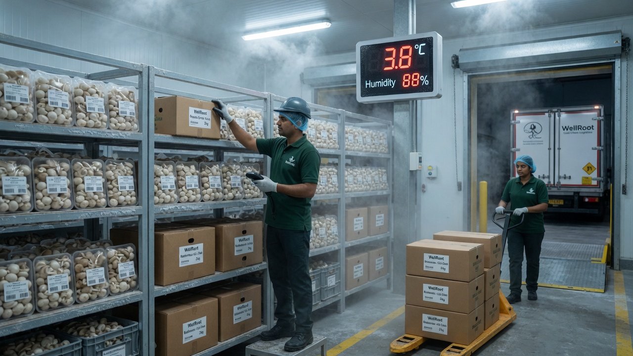 WellRoot cold storage staff moving mushroom boxes to a refrigerated truck